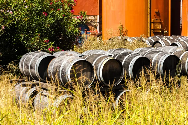 Tunnor framför vinkällare, Languedoc-Roussillon, Frankrike — Stockfoto