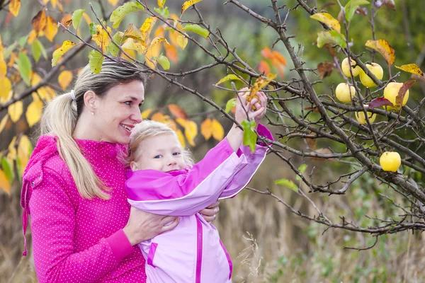 Mãe e sua filha com macieira outonal segurando uma maçã — Fotografia de Stock