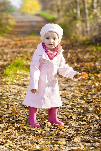 Liten flicka klädd i gummi stövlar i höstliga naturen — Stockfoto