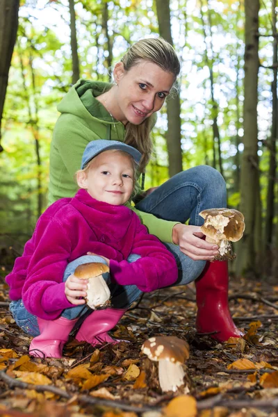 Mamma med sin dotter gör svampplockning — Stockfoto