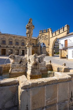 Tarihi bir İspanyol şehrinde aslan heykelleri ve kadın heykeliyle süslü Rönesans havuzu.