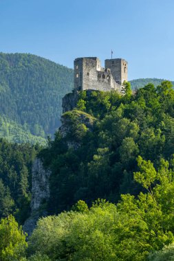 Strecno Kalesi, ortaçağ yapısı, uçurumun kenarındaki yeşil tepelere bakıyor.
