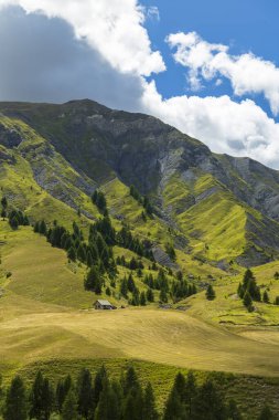 Dağ manzarası, küçük bir kulübe ve bulutlu bir gökyüzünün altında yeşil ağaçlar.