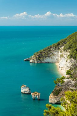 Faraglioni 'nin panoramik manzarası ve Strada İli boyunca uzanan kıyı şeridi Mattinata Vieste, Apulia