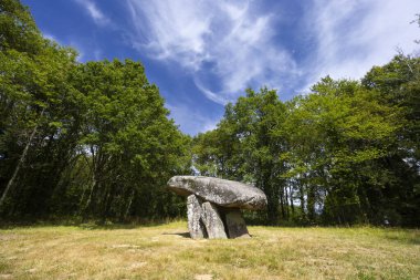 Çimenli bir tarlada canlı mavi gökyüzünün altında duran antik megalitik dolmenler.