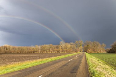 Kırsal bir yol, tarlalar ve orman üzerinde çift gökkuşağı olan kırsal bölge.
