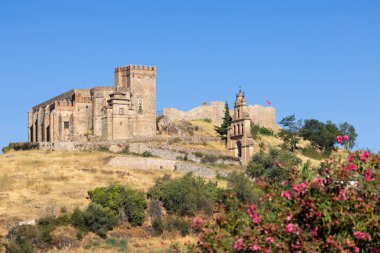 Kuru bitki örtüsü ve çiçeklerle çevrili bir tepede duran tarihi şato ve kilise çan kulesi.