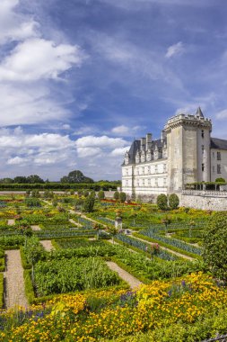 Villandry Şatosu ve mavi gökyüzünün altındaki resmi Rönesans Bahçeleri Merkez Val de Loire, Fransa