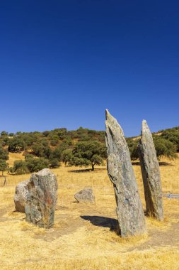 İspanya 'nın Rosal de la Frontera kentindeki açık mavi gökyüzünün altında kuru otlardan yükselen eski menhiler