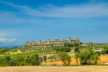 Monteriggioni ortaçağ duvarlı kasabası bir tepenin üstünde zeytin ağaçları ve üzüm bağlarıyla çevrili.