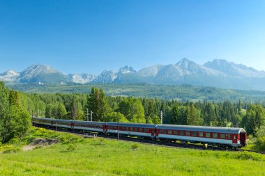 Yolcu treni mavi gökyüzünün altında yeşil tarlaları ve uzak sıradağları olan raylarda.