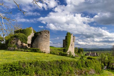 Sarmaşıkla kaplı antik taş kale, Bourgogne Franche Comte manzarasına bakıyor.