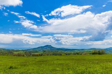 Expansive green field with rolling hills and a mountain under a bright blue sky