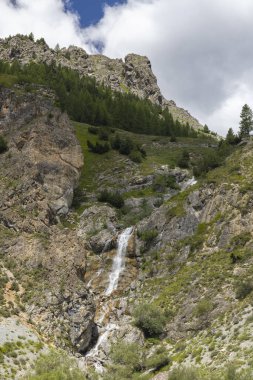 Ağaçlar ve alp bitkileriyle kaplı dik, kayalık bir dağdan akan şelale.
