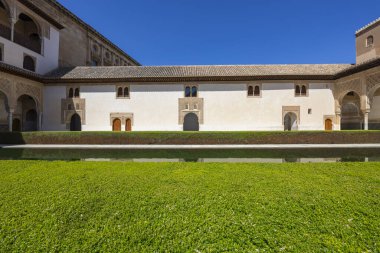 Alhambra Sarayı ön planda yeşil çalılık olan dar bir su havuzuna yansıyor.