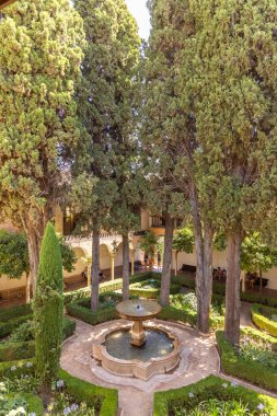 Generalife bahçe çeşmesi ve yemyeşil Alhambra 'da sakin bir avlu oluşturuyor.