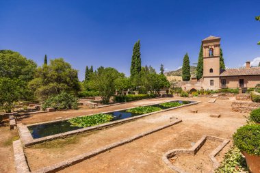 Sakin Generalife bahçeleri berrak mavi gökyüzünün altında uzun bir nilüfer göleti barındırıyor.