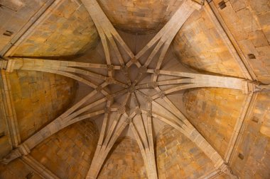 Gotik kaburga kemiği tarihi bir binanın içinde kubbeli tavanda eski taş işleri ve mimari ayrıntıları sergiliyor.