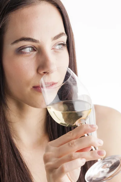 Woman tasting white wine — Stock Photo, Image