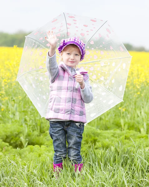 Little girl with umbrella in spring nature — Stock Photo, Image