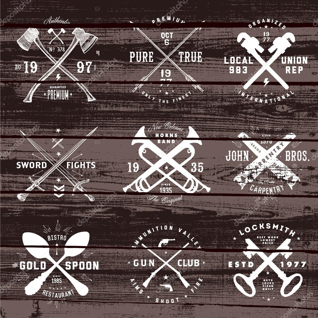Easy to edit! Clipart set of vintage badges on distressed wood background. Great for any retro badge or label project.
