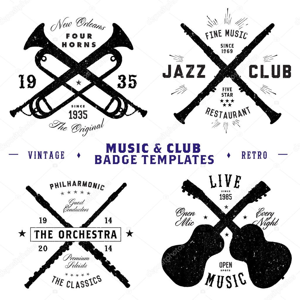 Easy to edit! Clipart badge and vintage music logo set. All pieces are seperated and easy to edit, including distressed overlay. Vector file is an EPS 10 file. Vector editing features are only available with the EPS file. Watermarks are removed from