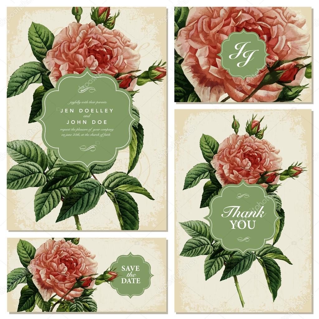 Vector Vintage Rose Wedding Invitation Set
