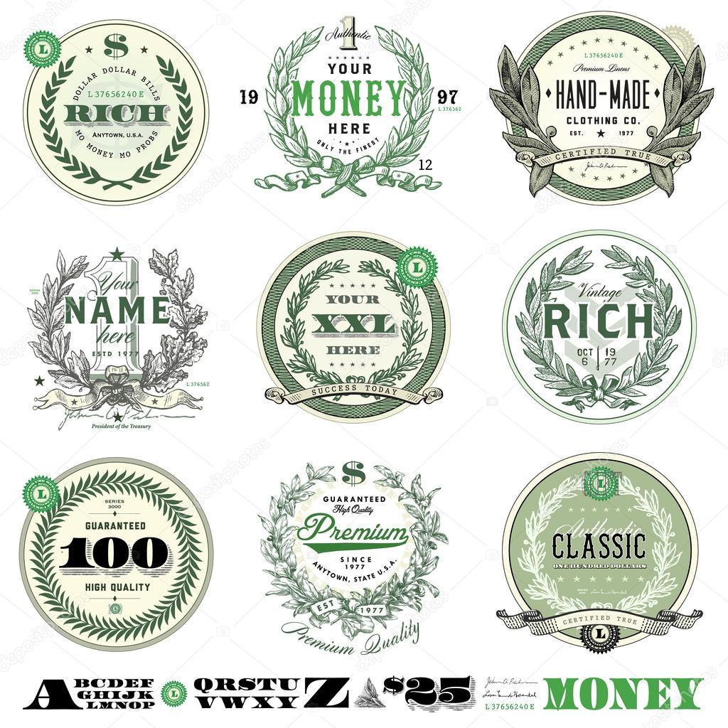 Easy to edit! Clipart set of money logo and financial frames and ornaments. Great for any design showing money and success.
