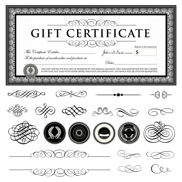 Векторный подарочный сертификат и набор печатей — стоковый вектор