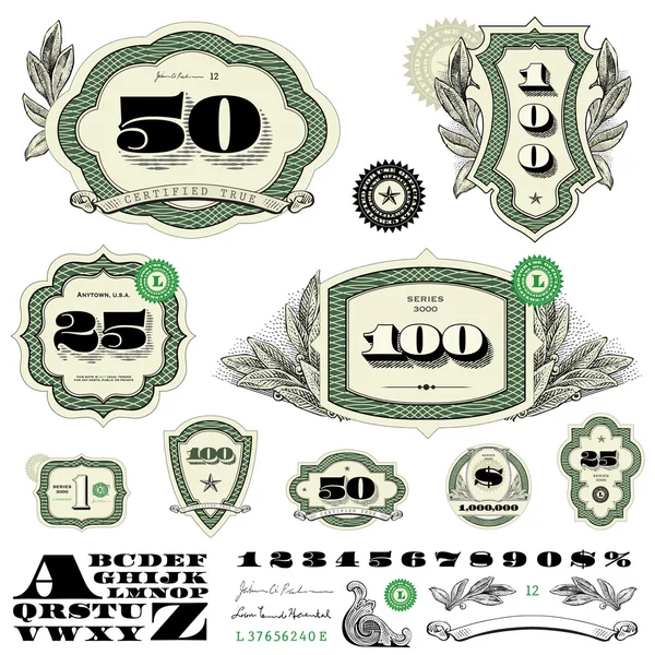 Insignias de dinero vectorial y marcos financieros con decoraciones de hojas — Vector de stock