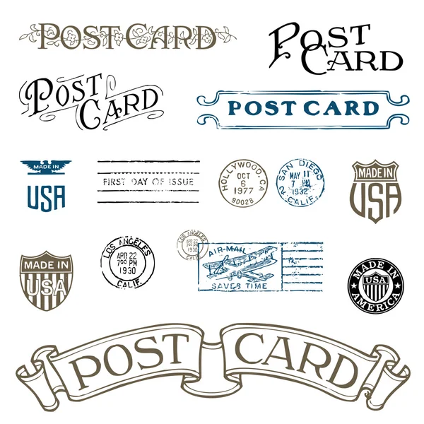 Cartão postal vintage e selos postais . — Vetor de Stock