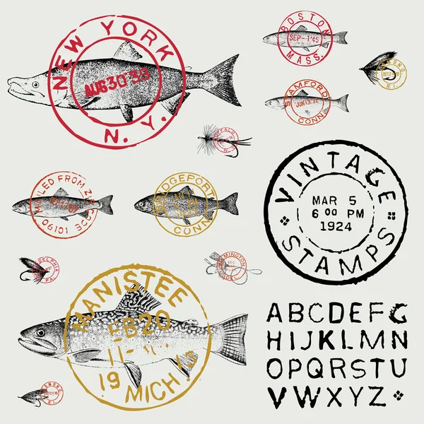 Vektorové Retro ryby razítko a Label soubor — Stockový vektor