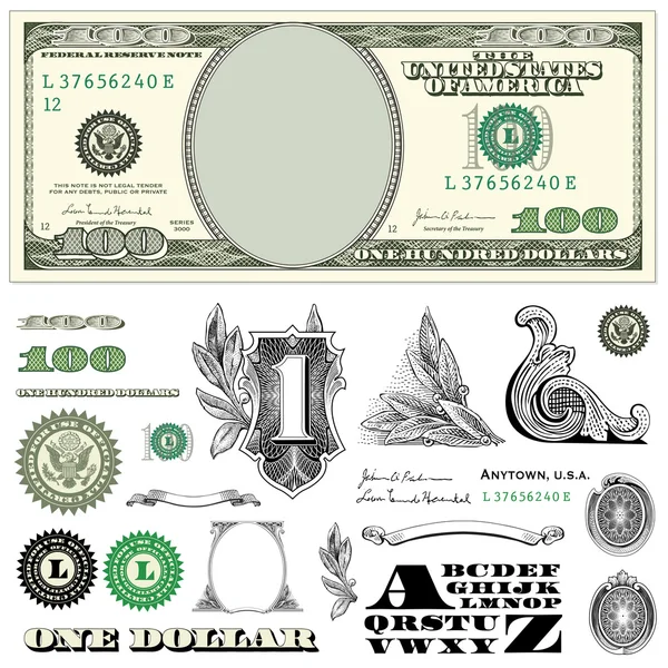 One dollar bill vector set — Stock Vector