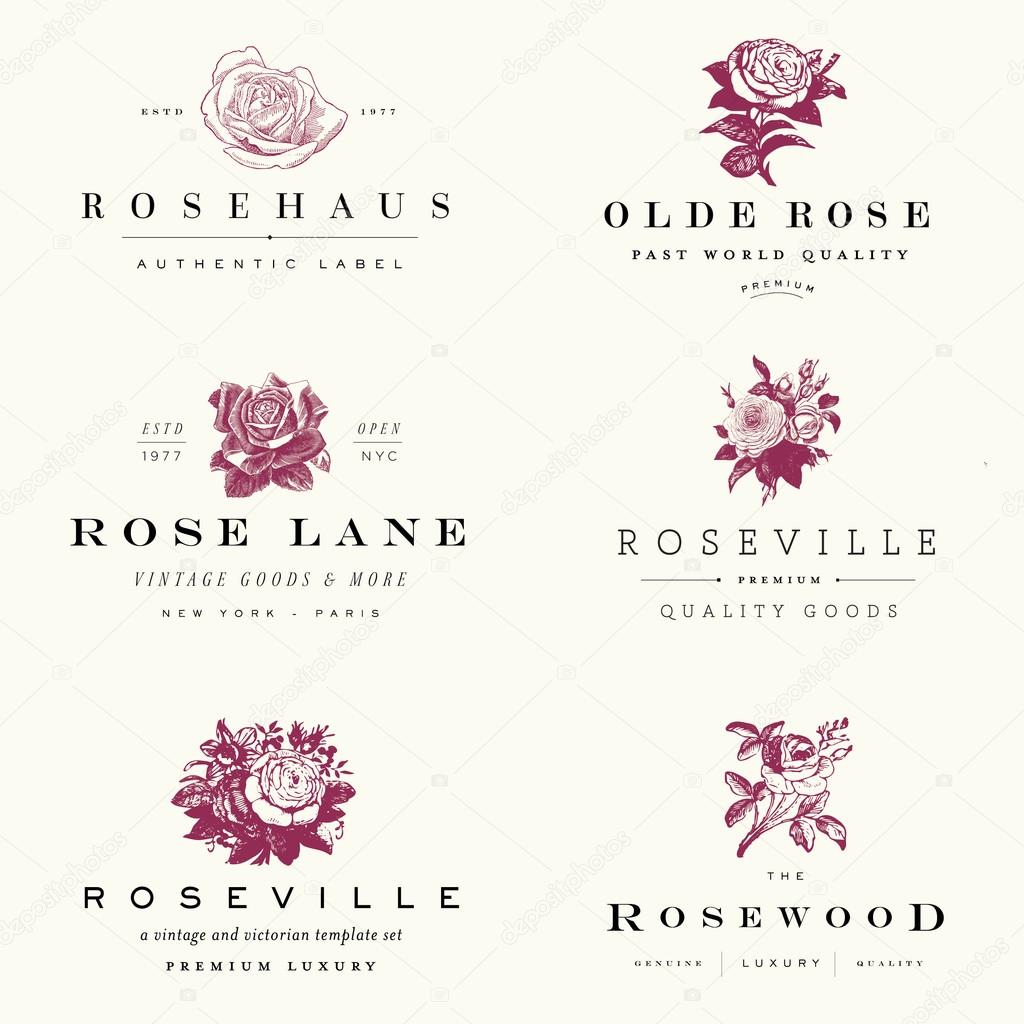 Easy to edit! Clipart vintage rose logo set and flower labels. Use for any vintage or retro floral logo design