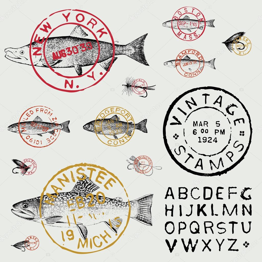 Vector Retro Fish Stamp and Label Set
