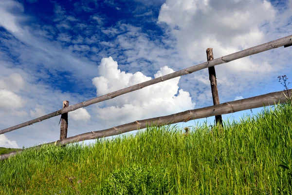 Wooden fence on grassland — Stock Photo, Image