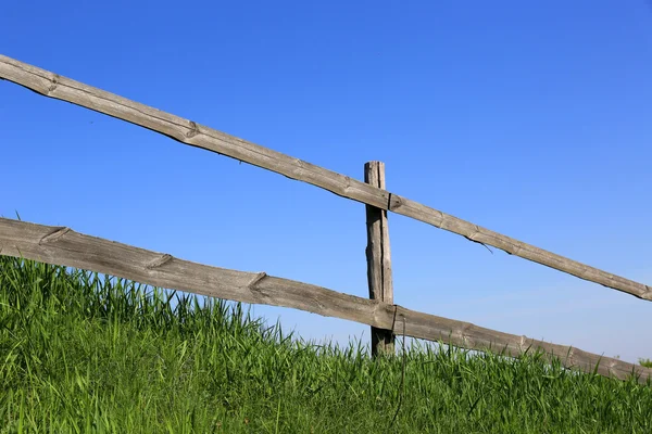 Wooden fence on green meadow — Stock Photo, Image