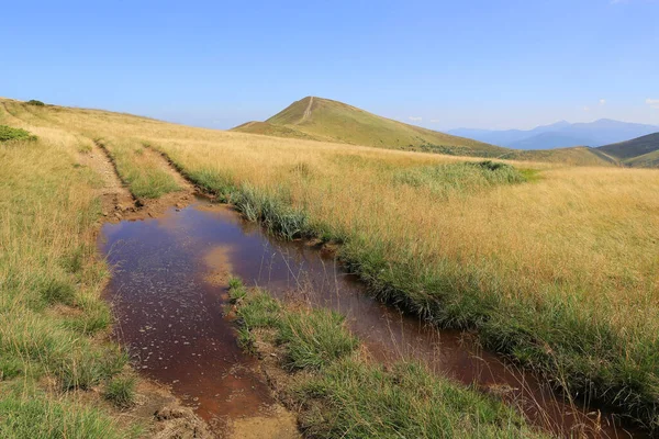 カルパチアの山岳未舗装道路上の水たまりと風景 ウクライナ — ストック写真