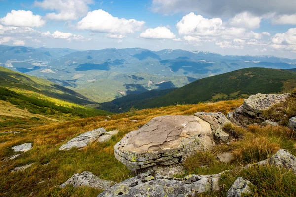 Karpat Dağlarında Ukrayna Çayırdaki Kuru Çimlerde Eski Taşlarla Kaplı Manzara — Stok fotoğraf