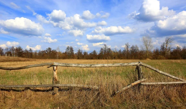 Landscape Old Broken Wooden Fence Dry Pasture — Stock Photo, Image