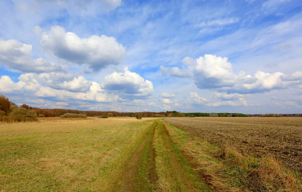 Paisagem Com Estrada Terra Sob Céu Agradável Estepe Primavera — Fotografia de Stock