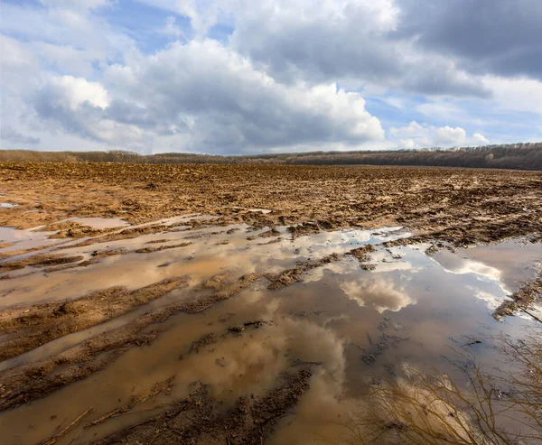 Paisaje Con Charcos Campo Arado Después Lluvia Primavera —  Fotos de Stock