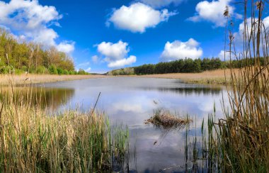 Gölde bahar günü, göl yüzeyinde bulutlar olan güzel bir gökyüzü. Ukrayna 'dan al.
