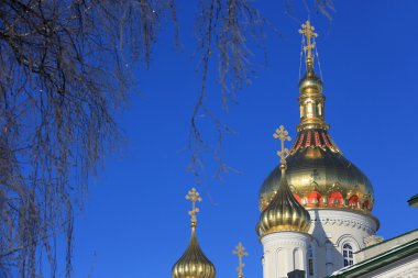 Pochaev'ın Lavra kubbe güzel kış gününde, Ukrayna