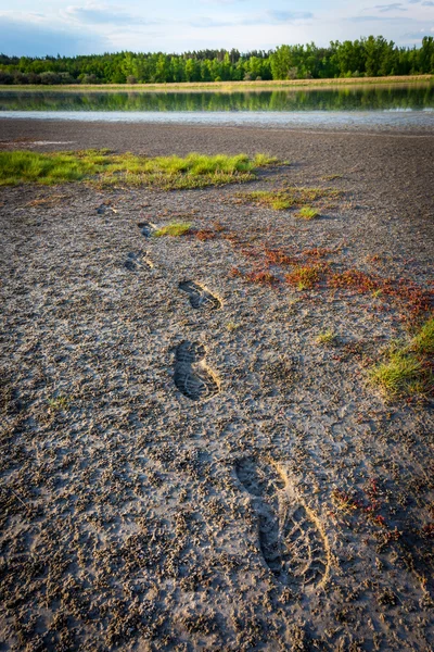 Foot shoe prints on sand lake — Stock Photo, Image