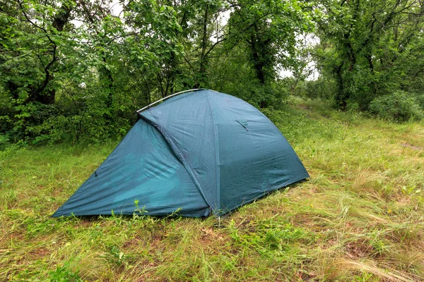Tourist tent in wet forest — Stock fotografie