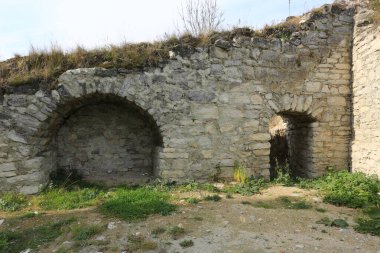 Tarihi bir yapının yıpranmış taş duvarları kemerli kapılar ve temiz bir gökyüzünün altındaki araziyi geri alan yabani bitkiler.