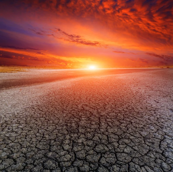 Zonsondergang over dode aarde Rechtenvrije Stockafbeeldingen