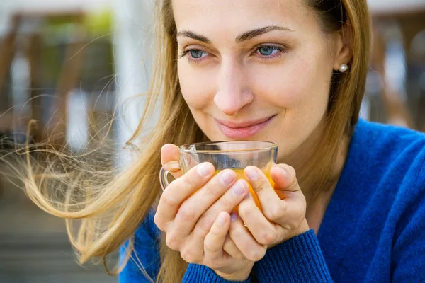 Jonge mooie vrouw geniet kopje thee — Stockfoto