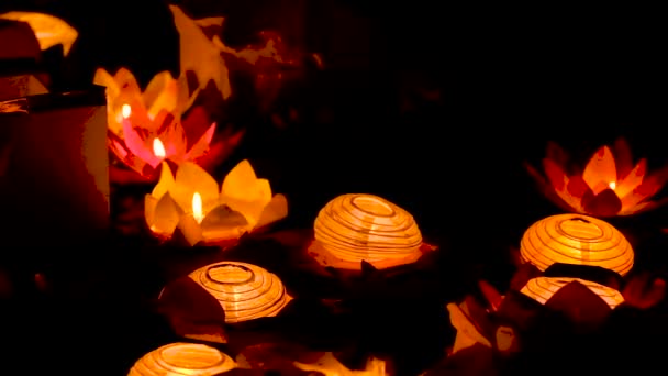 Floating Lotus Flower Paper Lanterns On Water — Stock Video